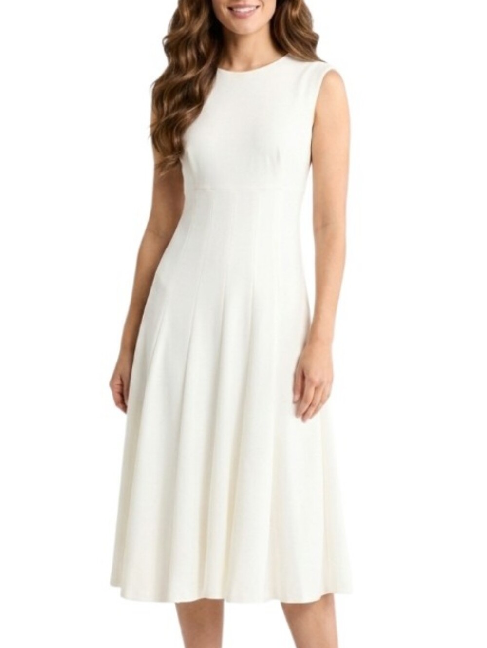 CALVIN KLEIN Ivory Scuba Crepe Fit & Flare Sleeveless Summer Dress NWT - Picture 4 of 10